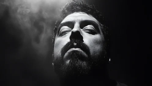 Low key monochrome portrait with dramatic upward gaze.