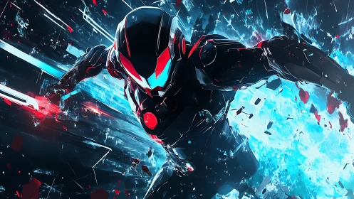 Cybernetic warrior bursts through shattered neon energy wall