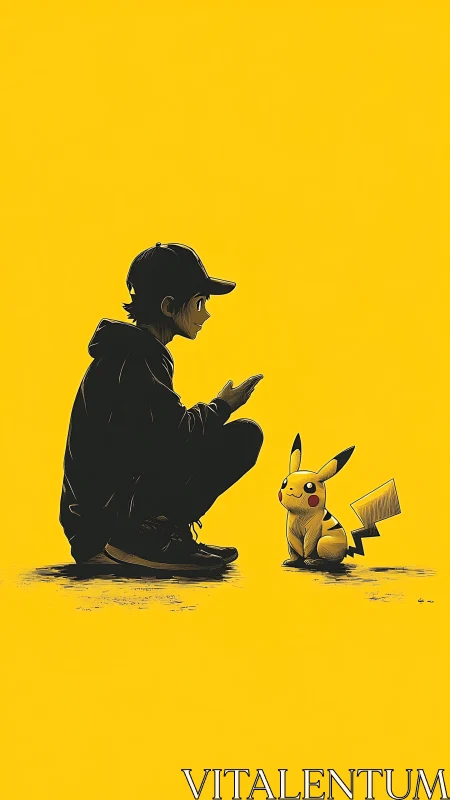 Boy crouches facing Pikachu on flat yellow minimalist background