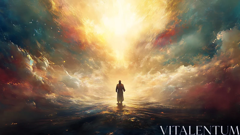 Solitary figure under expansive luminous sky in clouds.