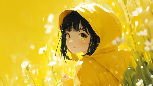 Anime portrait in yellow hooded coat with luminous meadow field.