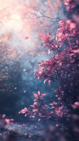 Twilight forest understory with pink foliage and shallow focus.