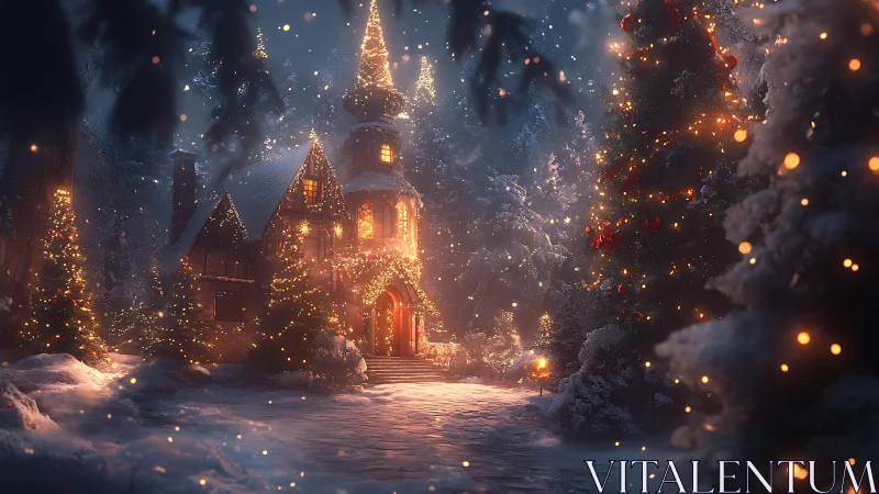 Snow covered Christmas cottage with warm festive lighting at dusk
