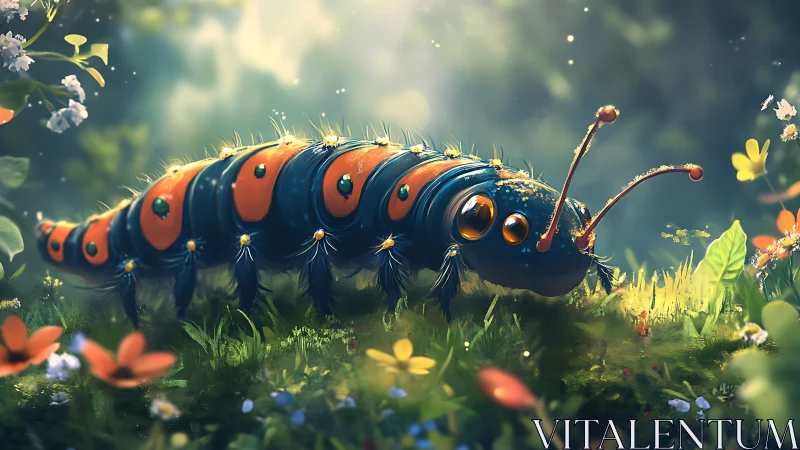 Luminescent caterpillar explores a dreamy wildflower meadow.