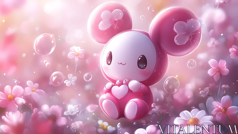 Pink chibi mascot cuddles heart toy in dreamy flower field.