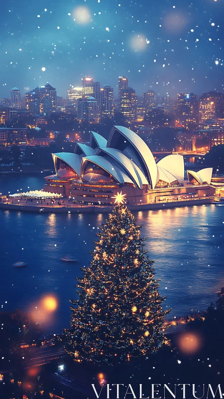 Sydney Opera House glows behind festive harbor tree at night.