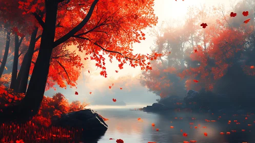 Autumn river valley rendered with volumetric fog and high contrast lighting