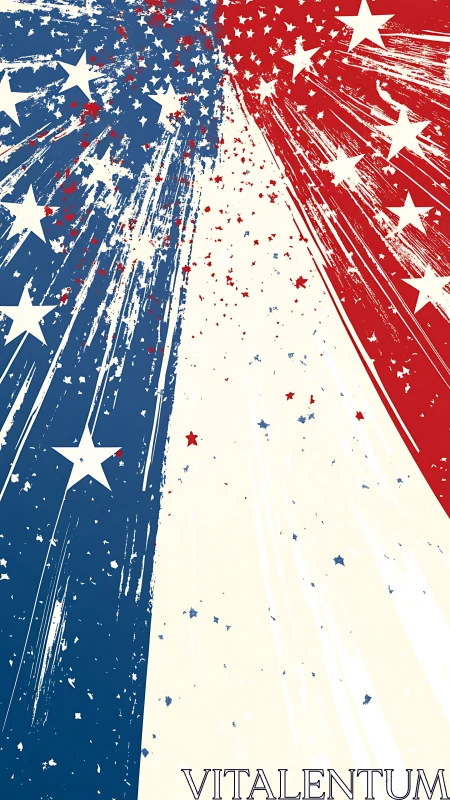 Dynamic distressed USA flag burst with radiating starfields