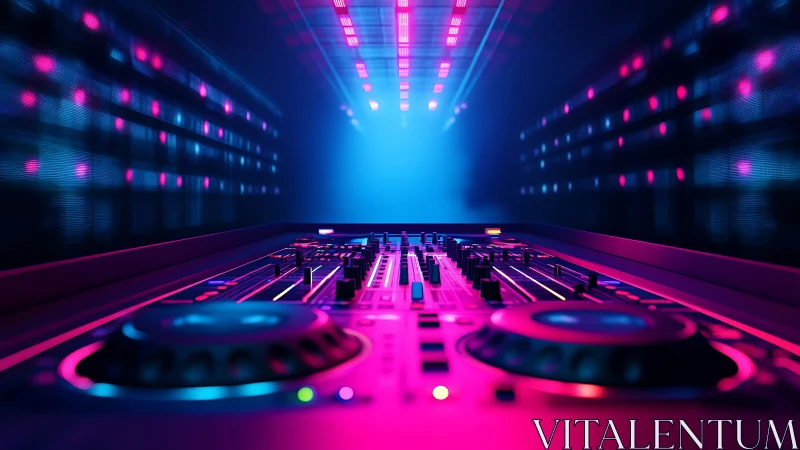 Neon DJ soundboard glowing in a dreamy cosmic club night.
