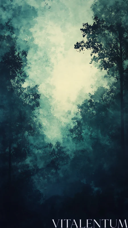 Misty forest canopy view looking upward through layered vegetation