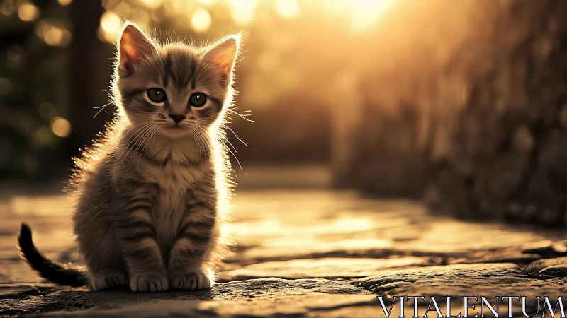 Amber-Drenched Kitten: A Tender Moment Bathed in Golden Hour Serenity.