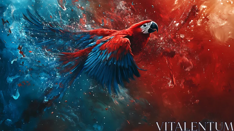 Crimson macaw erupts between oceans of fire and ice.