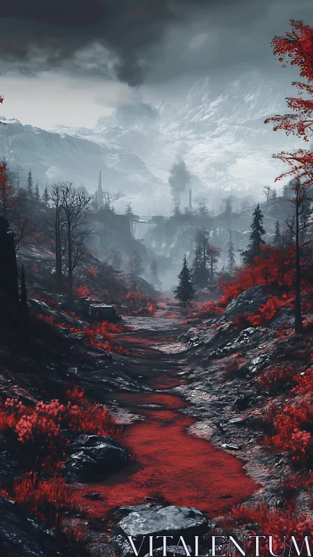 Crimson riverbed bisects dystopian valley under glacial peaks