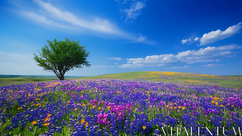 Solitary tree overlooking luminous wildflower meadow under blue sky.