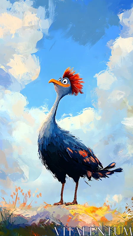 Crested Bird with Orange-Red Plumage Standing in Stylized Landscape