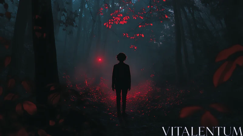 Silhouetted figure stands in dim forest amid red illuminated foliage