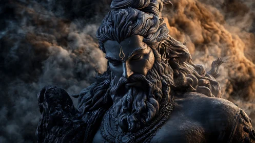 Divine warrior statue emerges from swirling storm clouds.