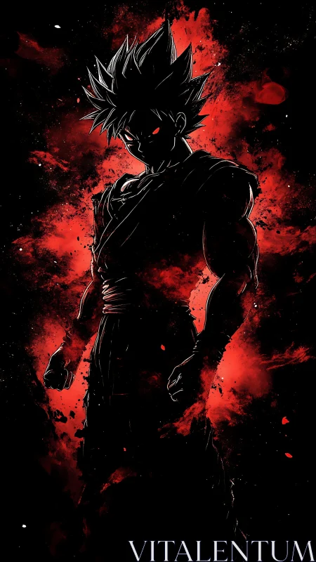 Silhouetted spiky-haired figure stands before red splatter field