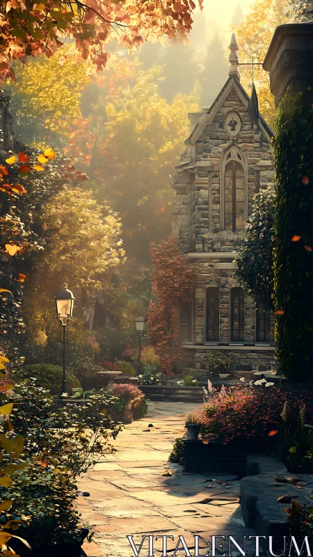 Stone cottage path framed by autumn trees and warm light.