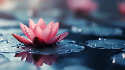 Pink lotus flower on reflective water surface at dusk.