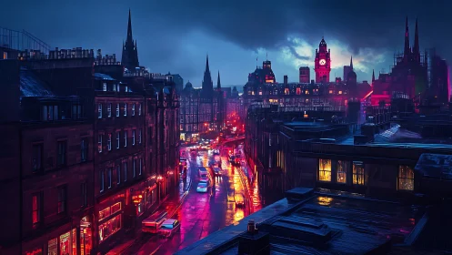 Neon rain streaks through a moody cyberpunk city street.
