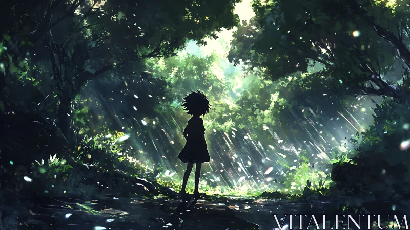 Backlit silhouette child in volumetric forest light scattering