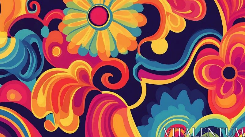 Swirling neon blooms dance boldly across the midnight void