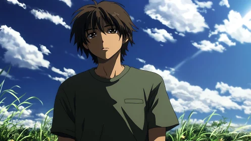 Anime youth standing in grassy field under blue sky.