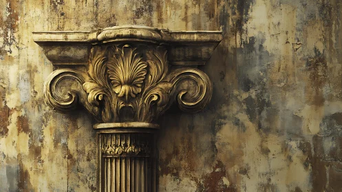Aged Corinthian capital with weathered patina against mottled wall