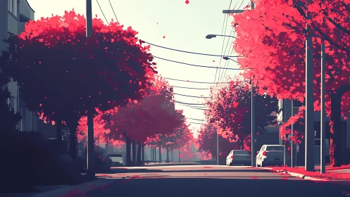 Crimson autumn avenue under soft minimalist daylight.