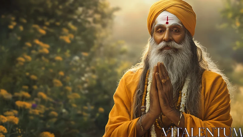 Elderly ascetic in saffron robes under diffused garden light.
