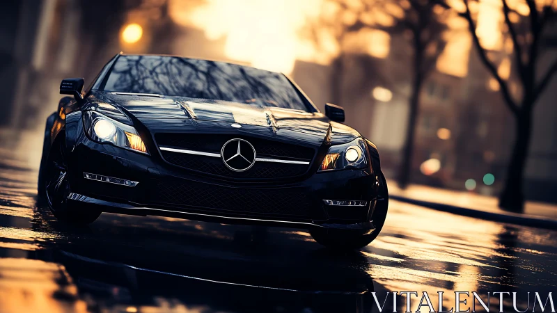 Midnight sedan prowls a rain-slick city at molten sunrise.