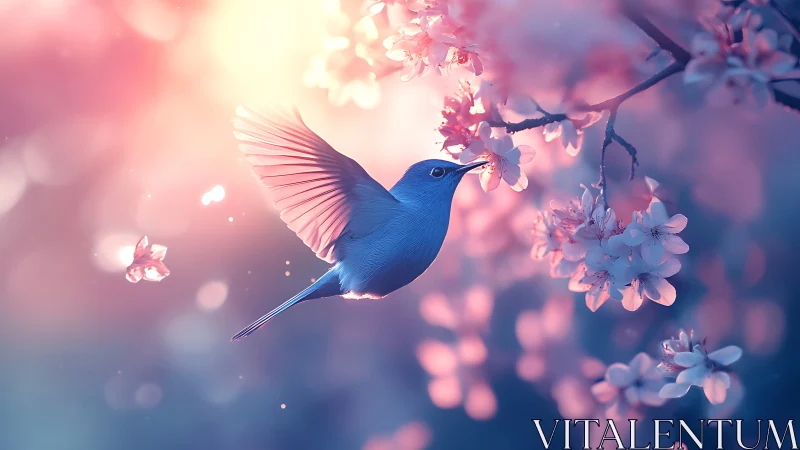 Blue bird hovering near cherry blossoms in soft light.