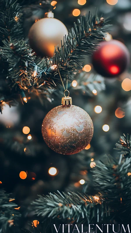 Golden Christmas bauble glows amid defocused festive lights