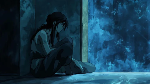Solitary anime girl in blue-lit corner, pensive mood.