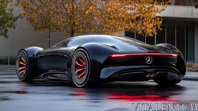 Futuristic black Mercedes concept car with glowing red lights.