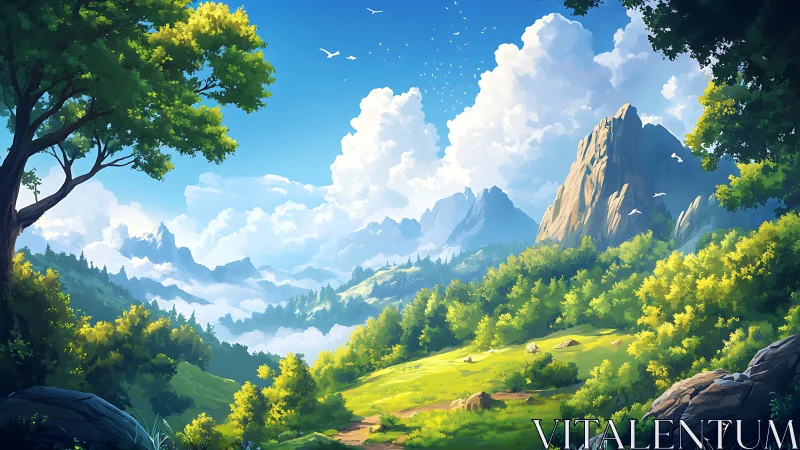 Digital painting landscape with luminous alpine valley composition.