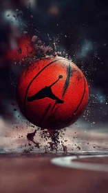 Explosive courtside leap: red basketball frozen mid-impact.