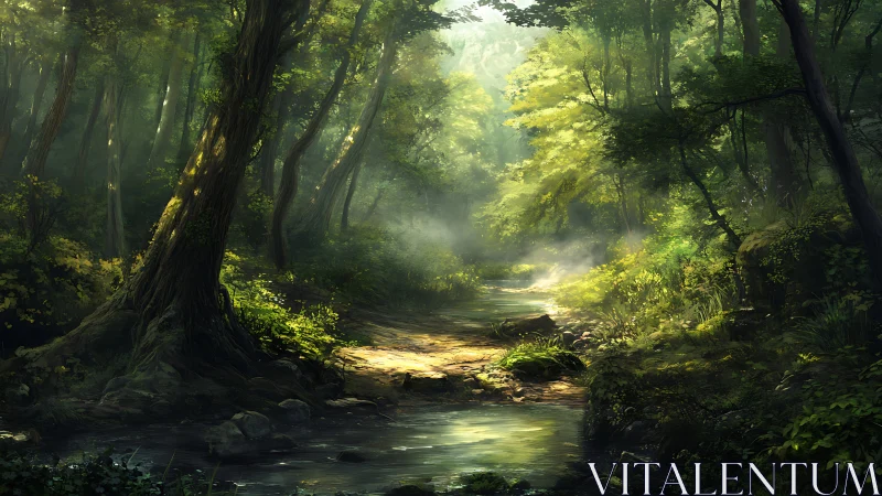 Forest stream sanctuary with luminous canopy light