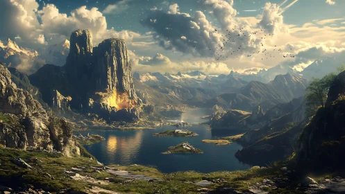 Dramatic fantasy mountains, glowing cliffs and wide lake.
