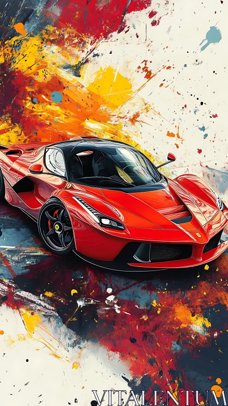 Red hypercar cuts through abstract splatter backdrop