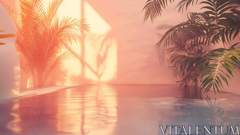 Soft sunrise palms lean over a glassy pastel pool