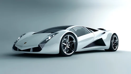 Futuristic white supercar with angular aerodynamic bodywork.