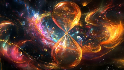 Cosmic hourglass glowing with swirling galaxies and stardust.