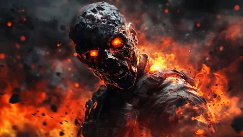 Ember-eyed inferno soldier stalks through apocalyptic firestorm.
