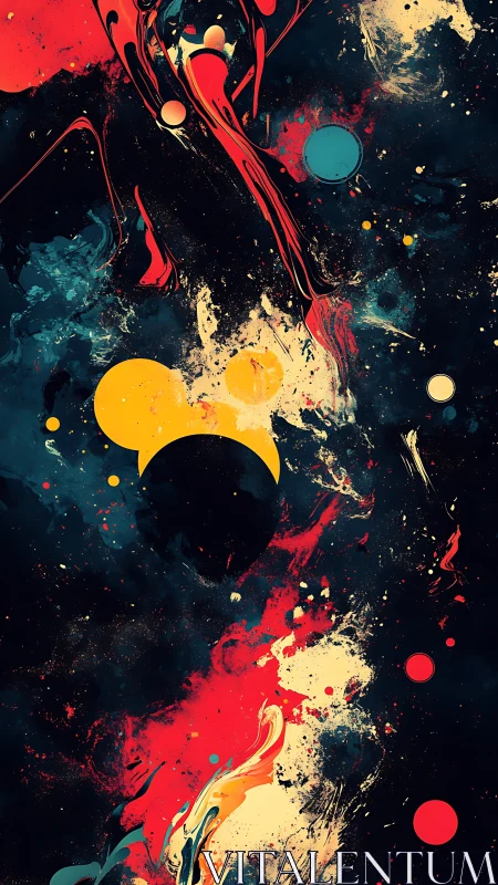 Cosmic splatter orbits in bold red, teal, and yellow storm