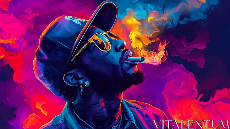 Profile portrait of smoking man in neon vapor clouds.