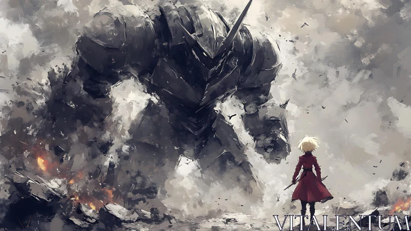 Solitary swordsman confronting colossal war mech amid ruins.