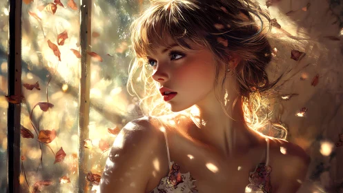 Sunlit autumn muse turns toward a whispering golden breeze