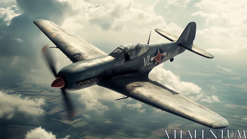 Single-seat military propeller aircraft in midair flight.